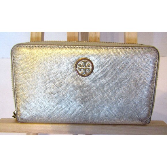 Tory Burch Robinson Wallet Gold Metallic Leather Continental Full Zip - Picture 1 of 6